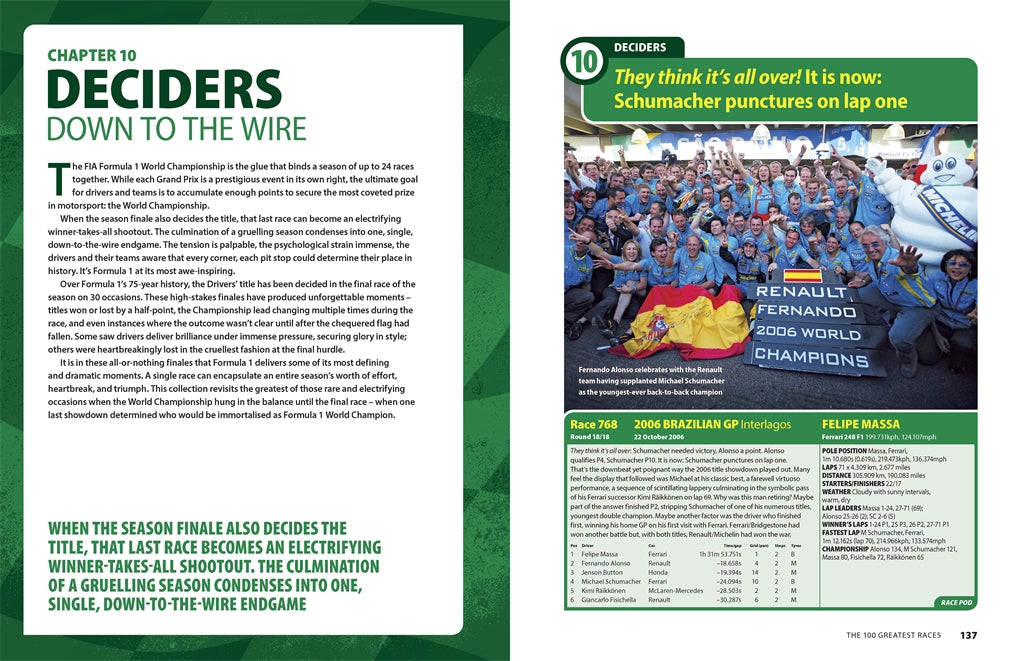 Motorsport race book spread with 'DECIDERS' chapter text and team crowd photo