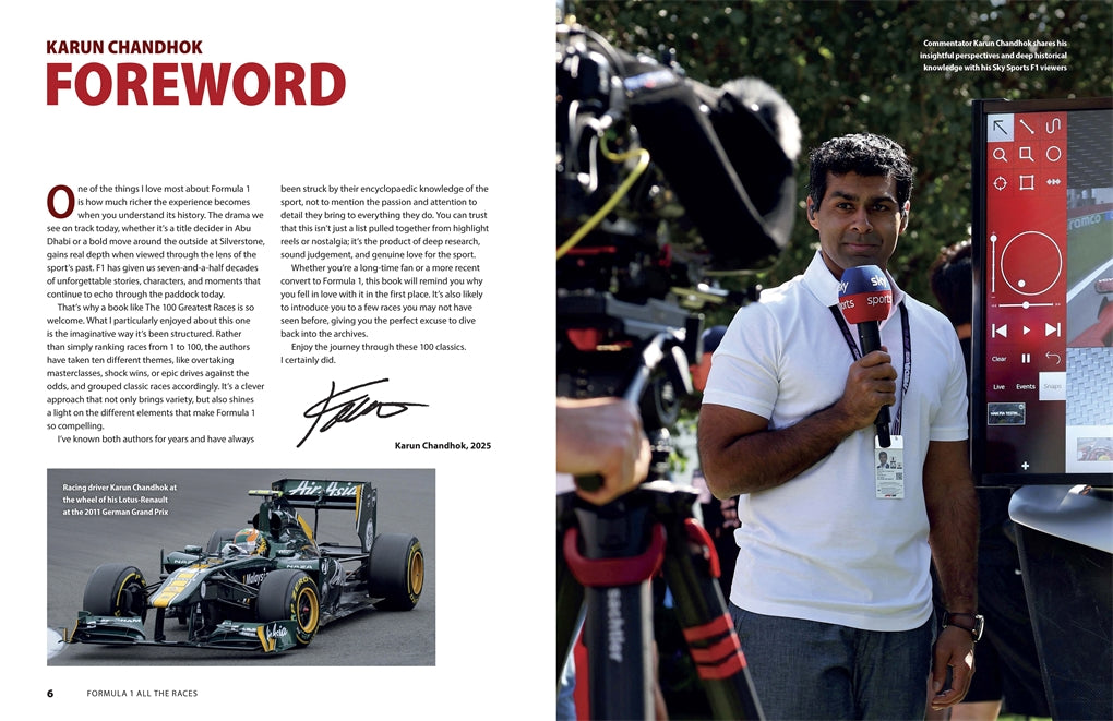 Motorsport race book spread with foreword text and man holding microphone outside