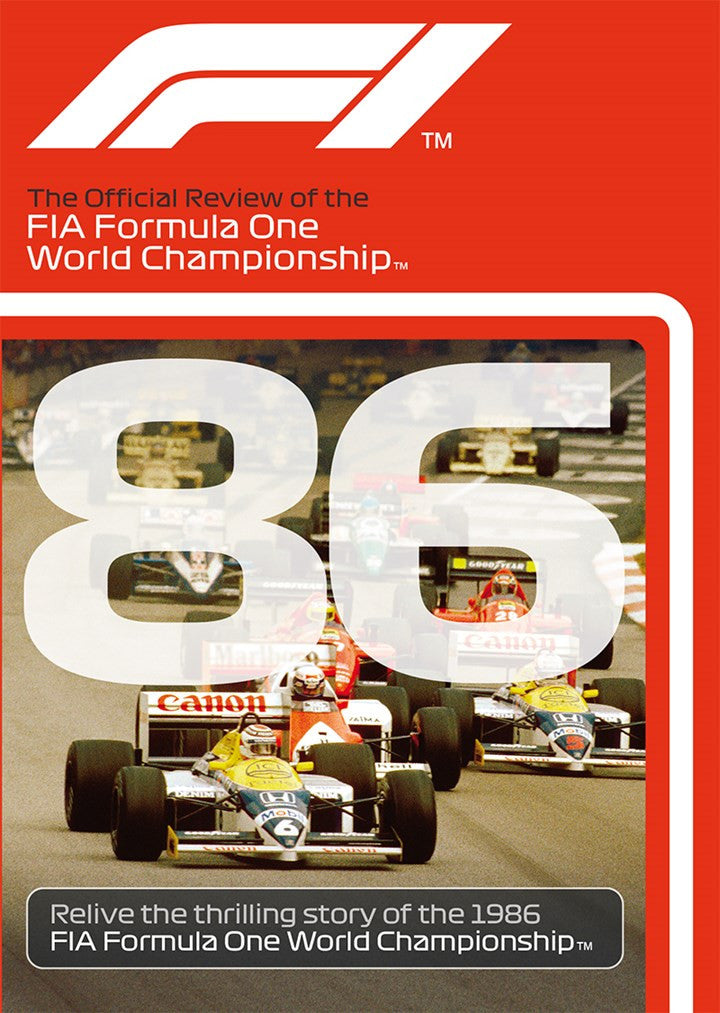 Formula One DVD cover with two racing cars and large white '86' on red