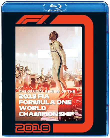 Blue Blu-ray case with F1 logo, red 2018 graphics, and driver photo through window