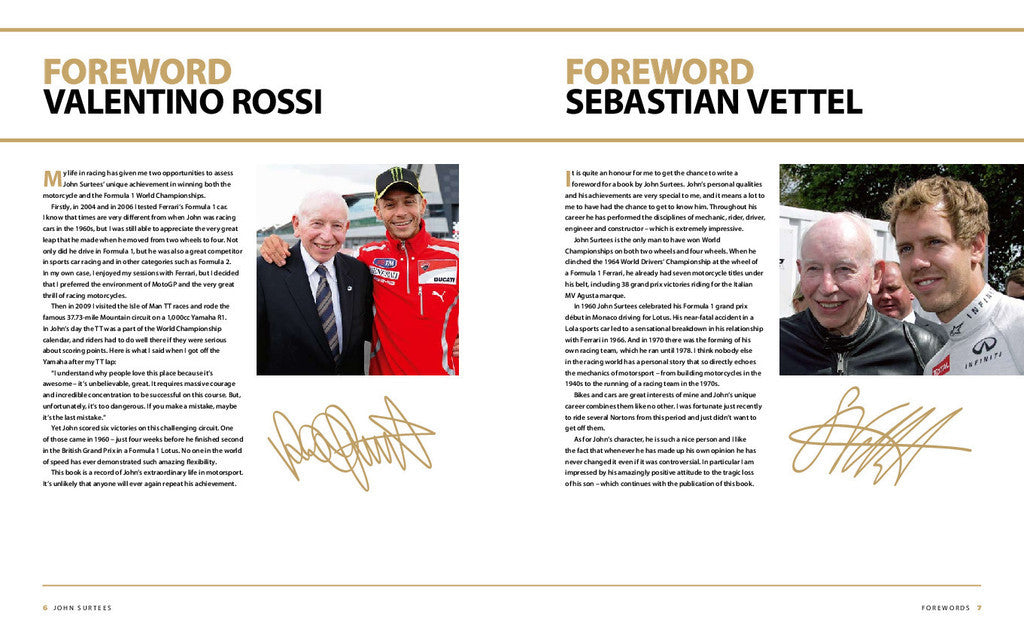 Motorsport book pages with forewords and handwritten signatures