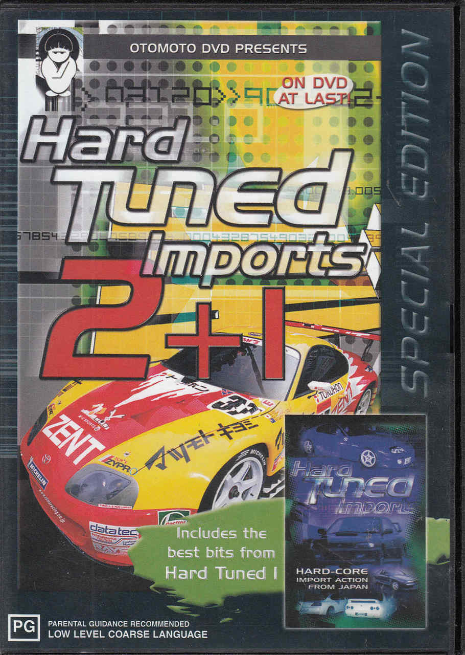 Special edition racing DVD cover with bold Hard Tuned Imports 2+1 title and car artwork