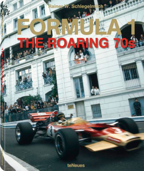 Formula 1 1970s book cover showing a vintage open-wheel race car on a city street