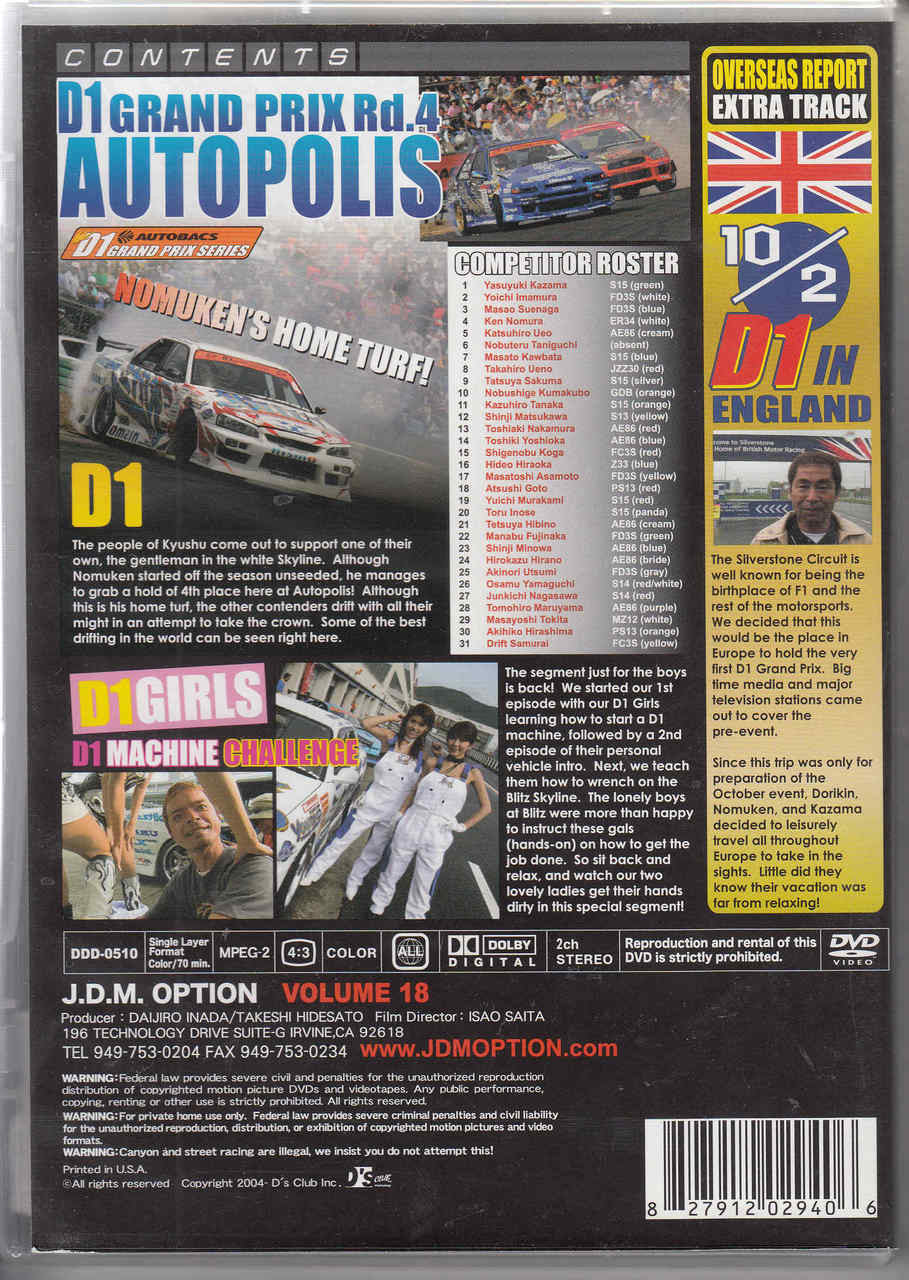 Racing DVD case back with 'Contents' layout and multiple section headings