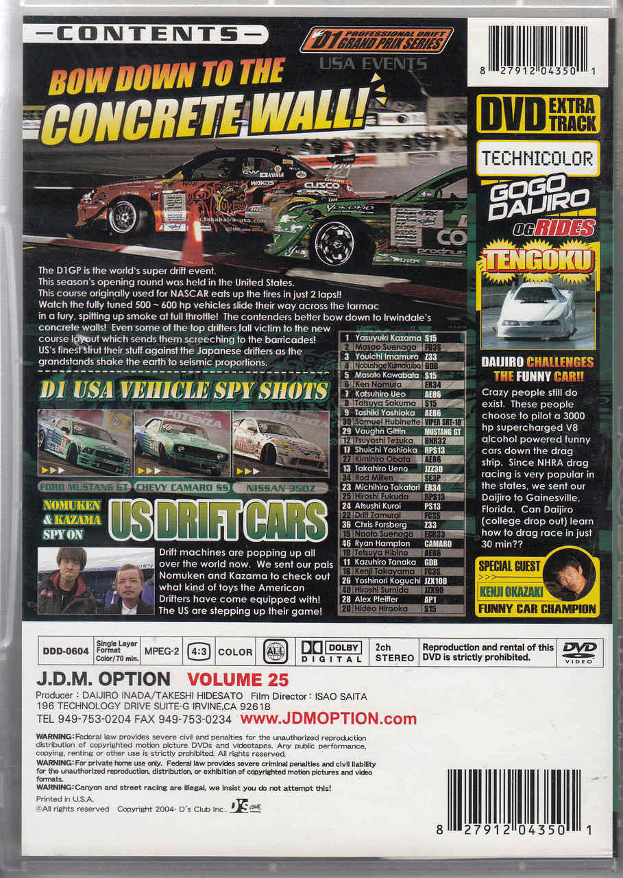 Racing DVD back cover with contents sections and barcode