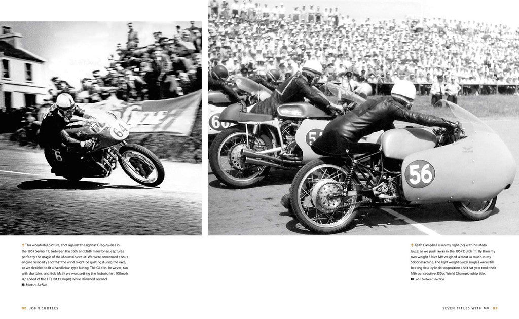 Motorsport biography book spread, vintage motorcycle race riders close on track