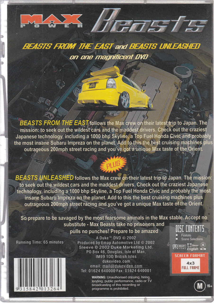 Racing DVD back cover with yellow car, episode summary text, and DVD specs