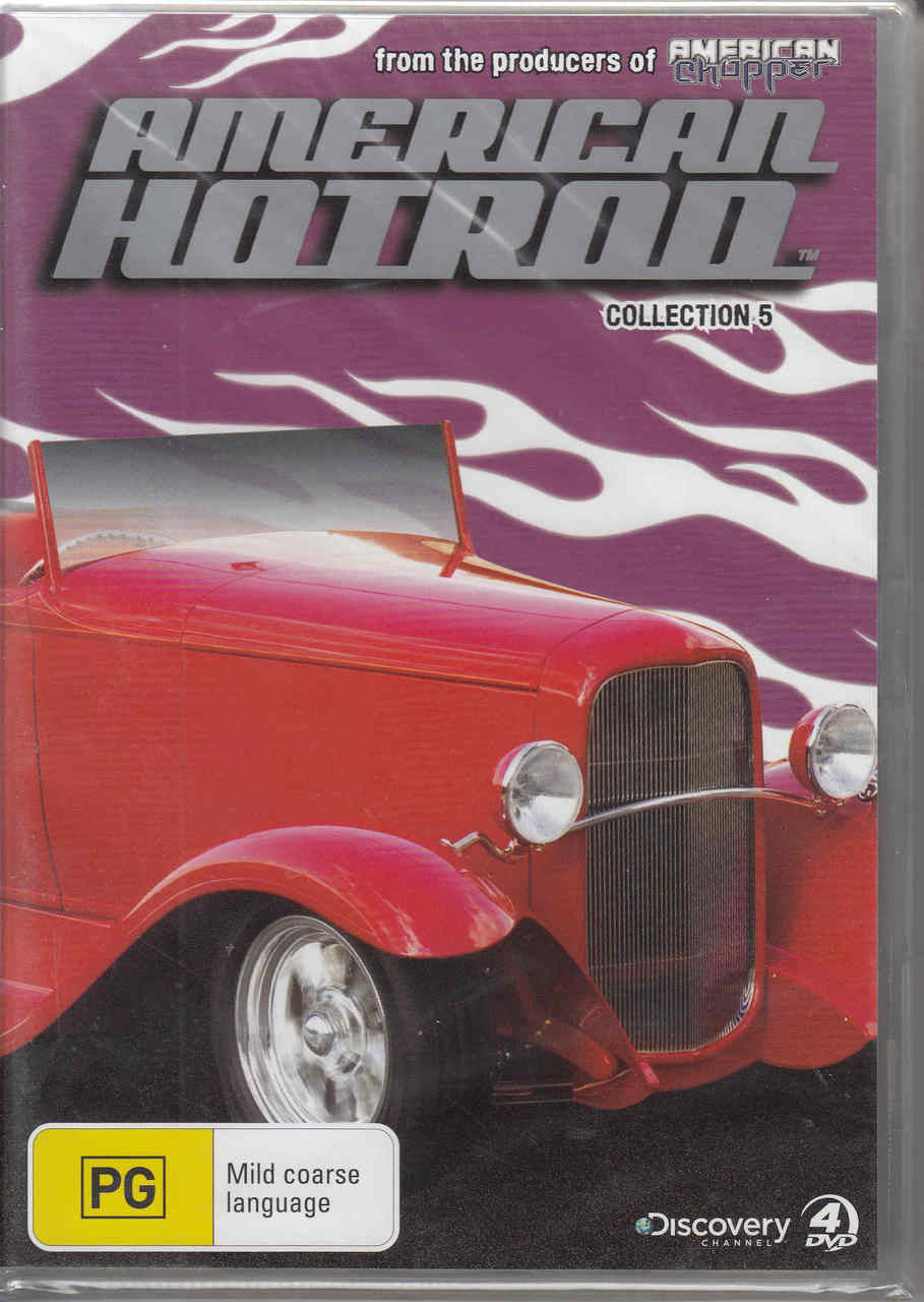 Hot rod DVD set cover with red vintage car, flame graphics, and Discovery and PG badge.