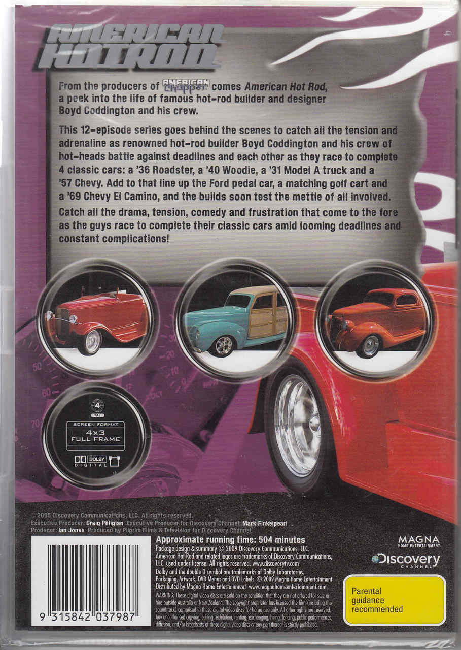 Hot rod DVD set back cover with three circular car photos and multiple information text blocks.