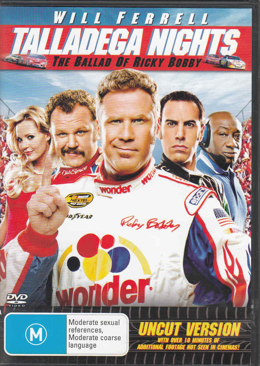 DVD case cover with cast in racing suits and Will Ferrell portrait, Talladega Nights