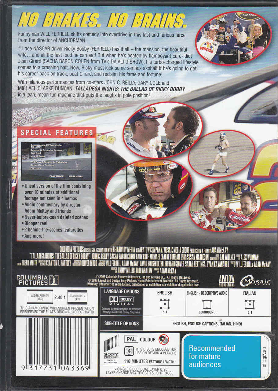 DVD back cover with race car graphic, cast photos, and feature text layout