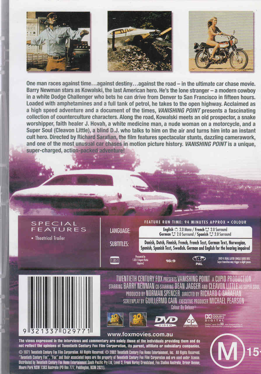 DVD back cover with car chase artwork, paragraph text, and feature icons