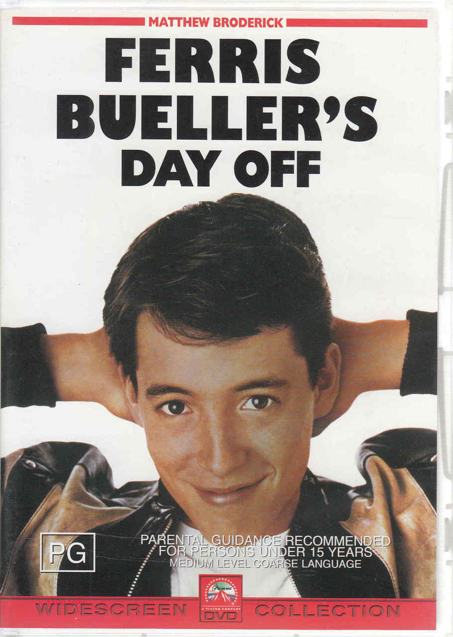 Ferris Bueller's Day Off DVD cover with Matthew Broderick portrait and PG rating