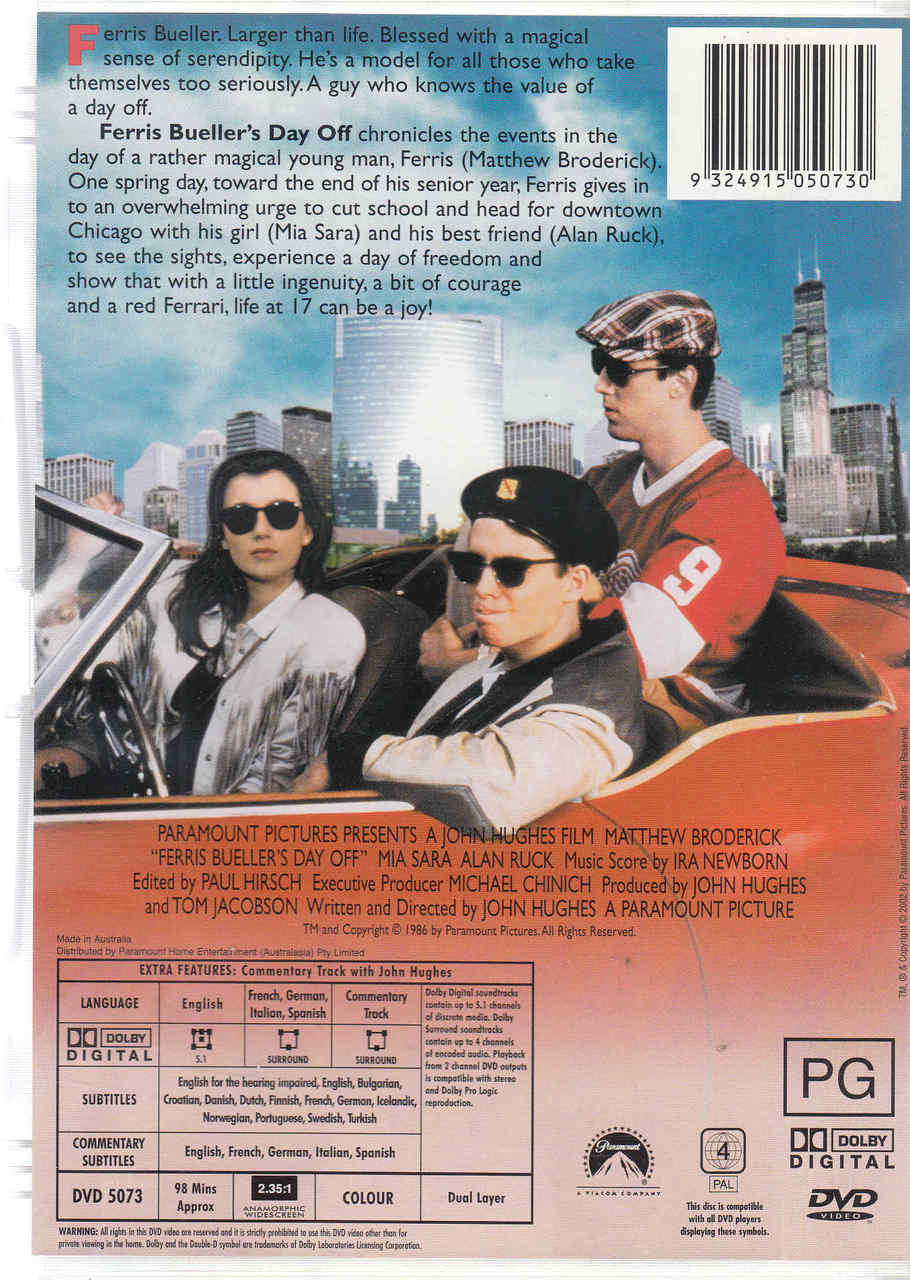 Ferris Bueller's Day Off DVD back cover with cast on city skyline, PG logo