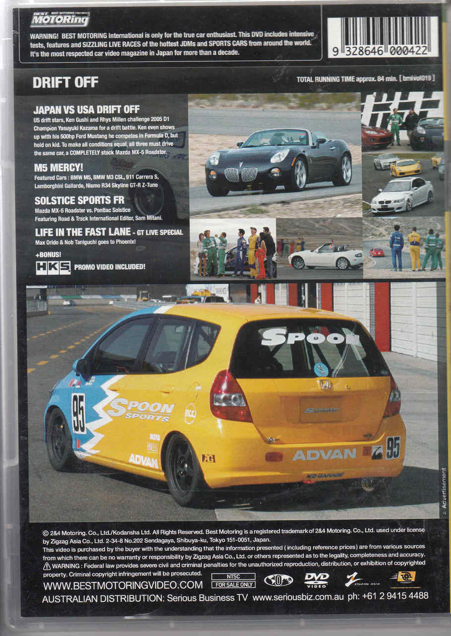 Drift Off DVD case back with text blocks, car images, and bonus video label