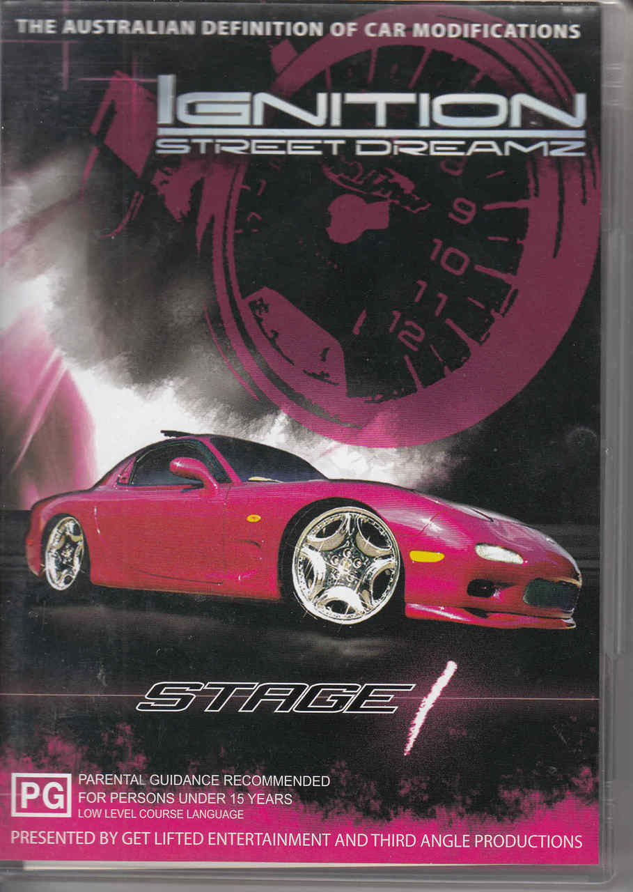 Pink sports car on Stage 1 DVD cover with racing clock graphic