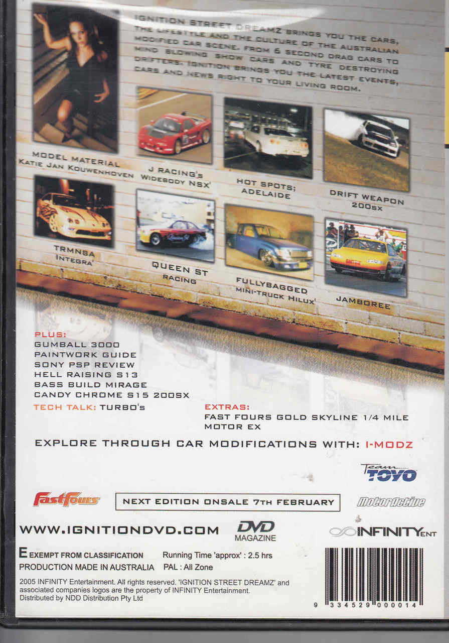 DVD case back cover with grid of modified car photos and dense info text