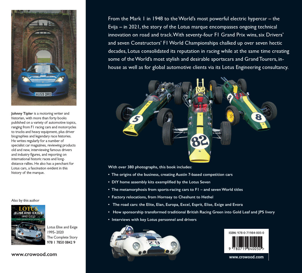 Book back cover with multiple race car images, author bio, and publisher details
