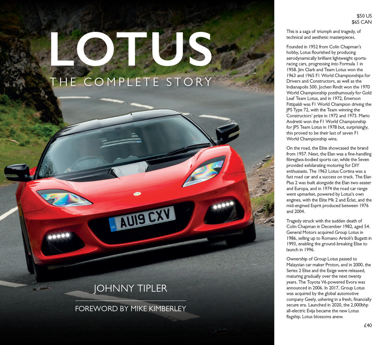 Book front cover with red sports car on road, "LOTUS THE COMPLETE STORY" title