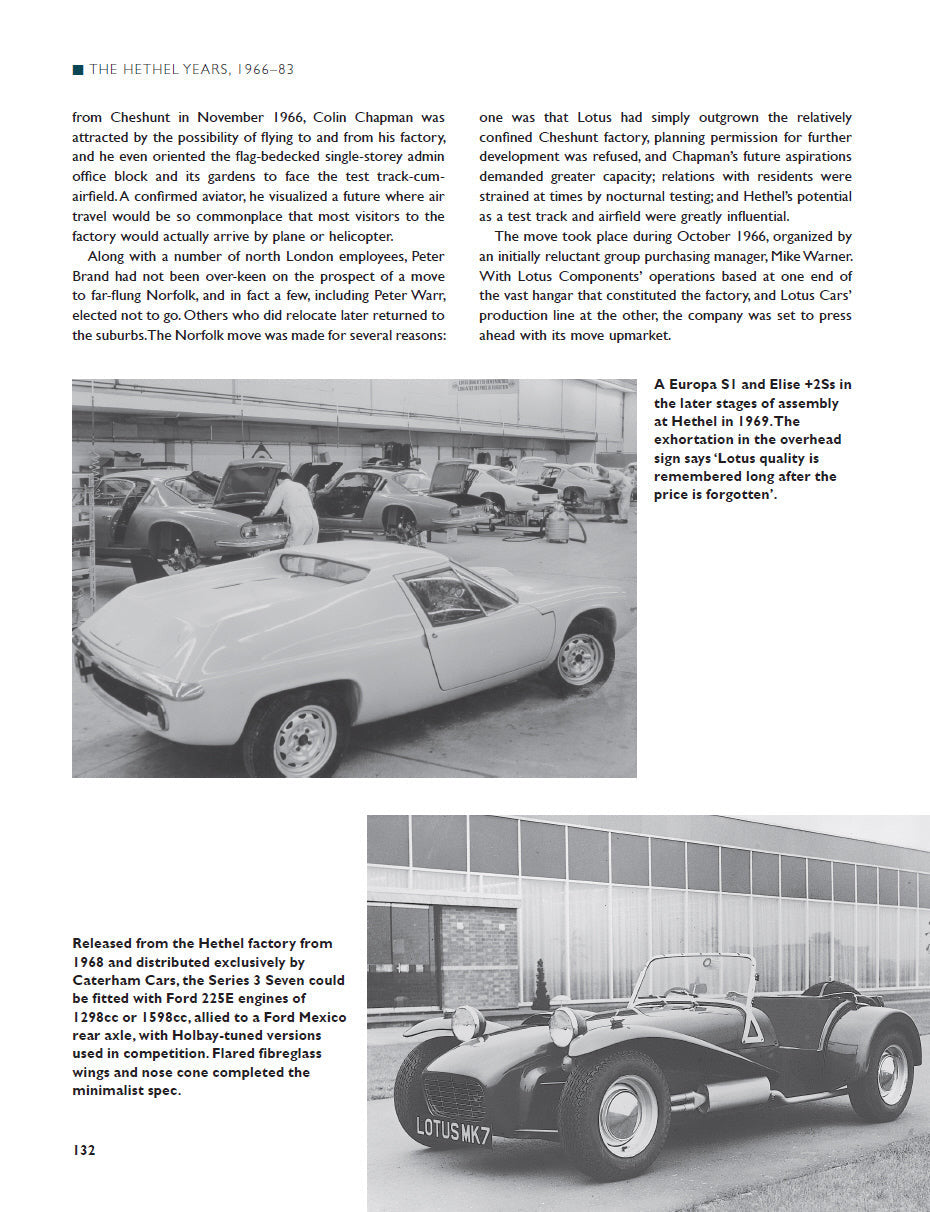 Book page spread with black-and-white vintage sports cars and article text