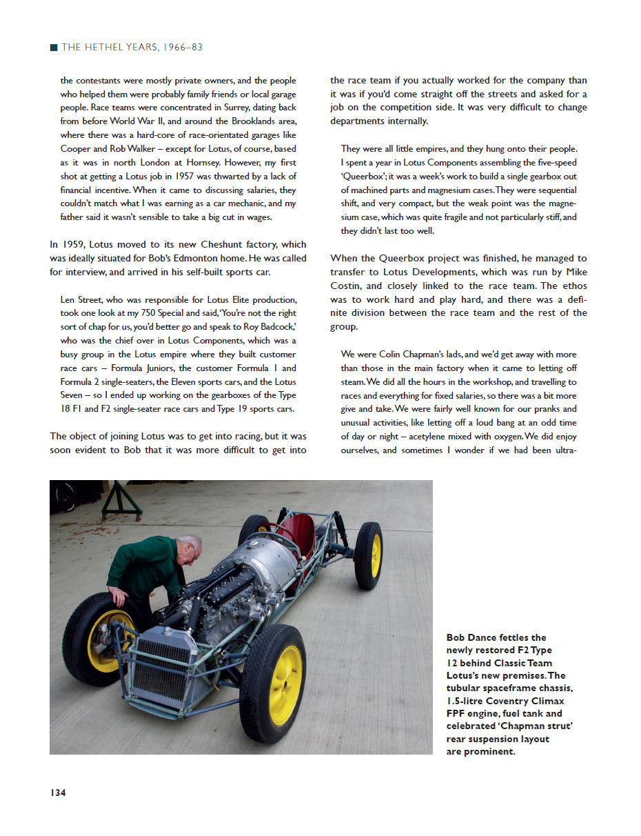 Book chapter page with text and photo of a vintage race car on a track