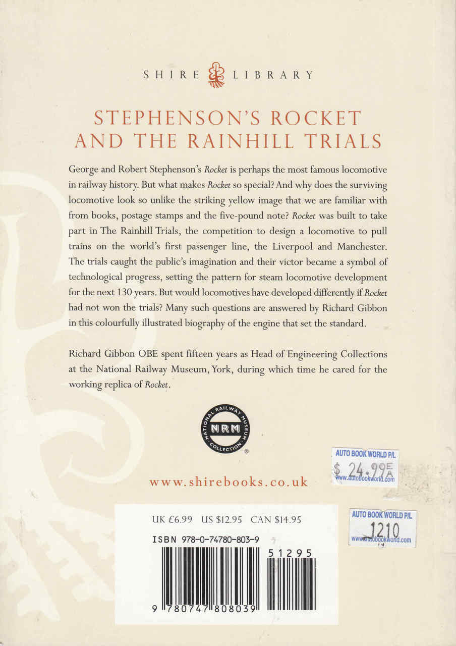 Hardcover book back cover with Rocket and Rainhill Trials text, barcode