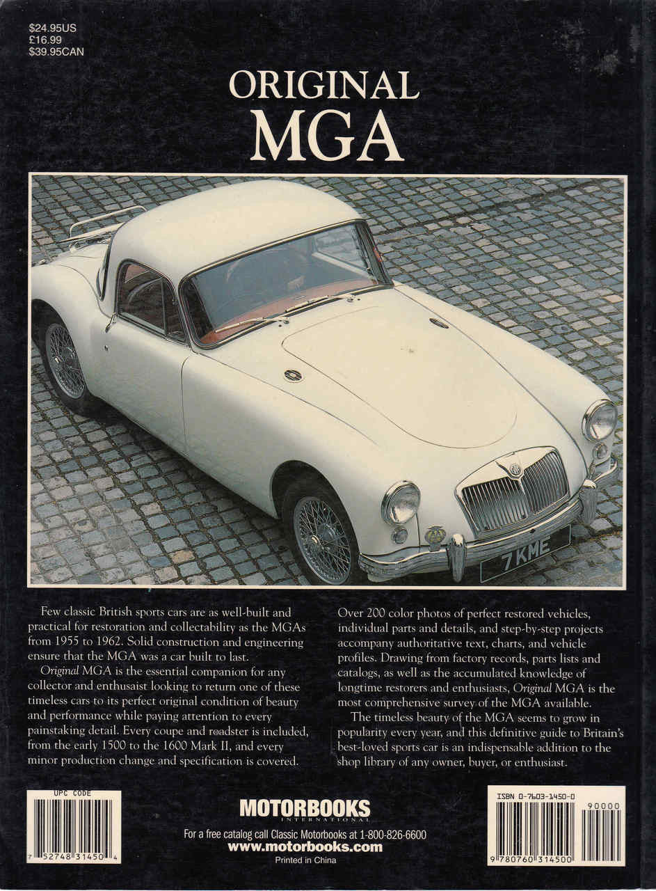 Hardcover Original MGA restoration guide book, back cover with classic car photo