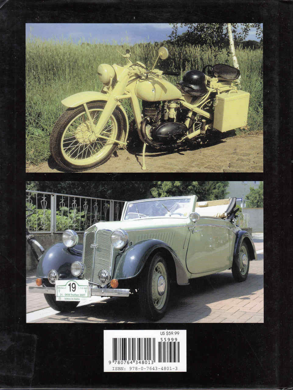 DKW history book back cover with vehicle photos and barcode sticker