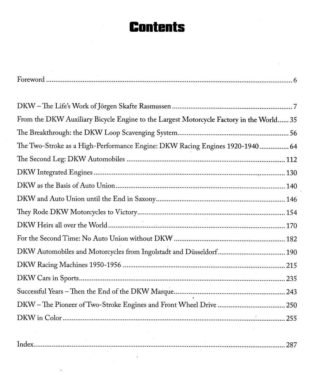 DKW history book contents page with chapter list