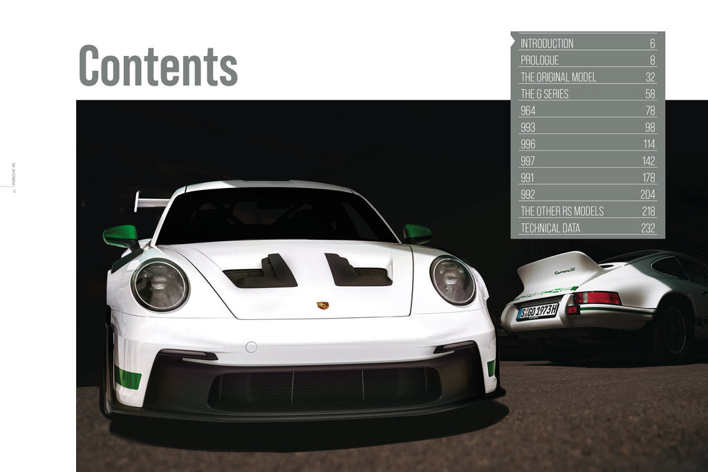 White sports car front close-up on 'Contents' page of Porsche RS book