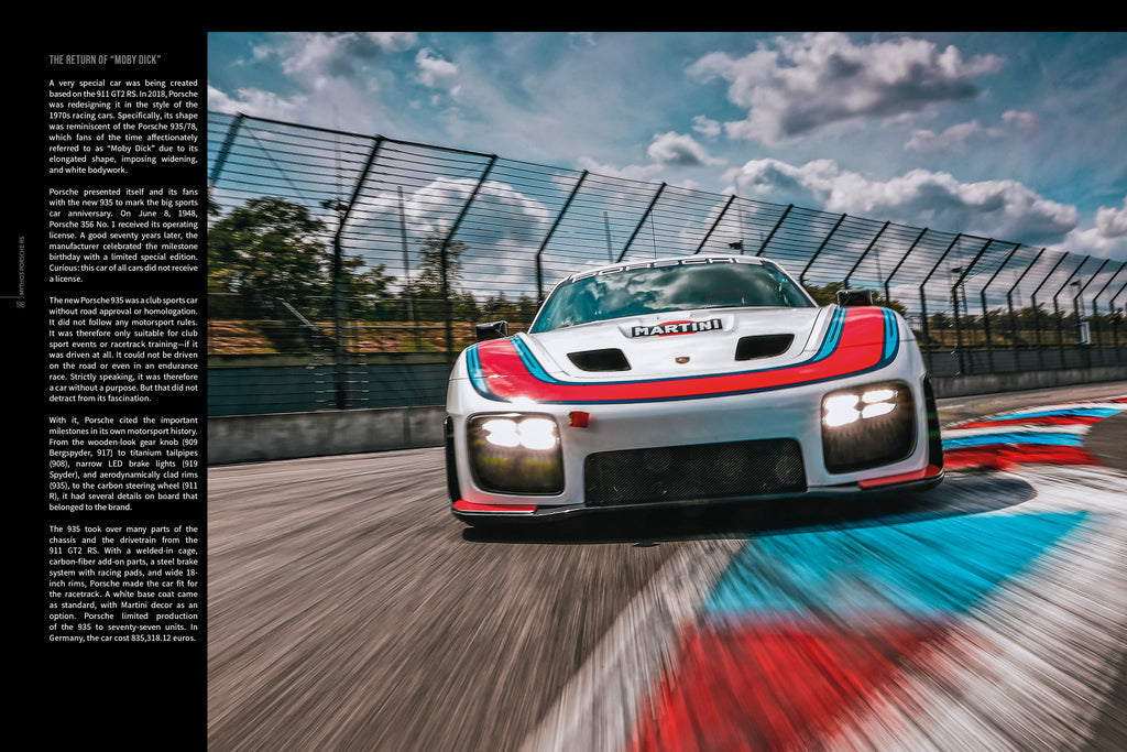 Rear view of a white sports car on a track on Porsche RS book page