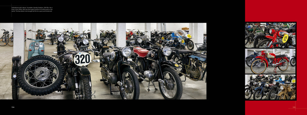 Indoor display of vintage motorcycles with a red 320 bike detail inset