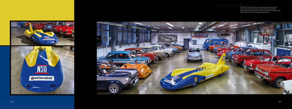 NSU Centennial tag and vintage cars in an exhibition workshop