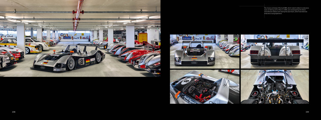 Showroom of racing cars with close-up dashboard detail in inset views