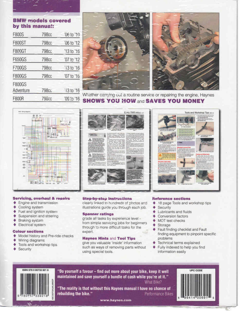 Workshop manual pages with engine diagrams, repair photos, and tips