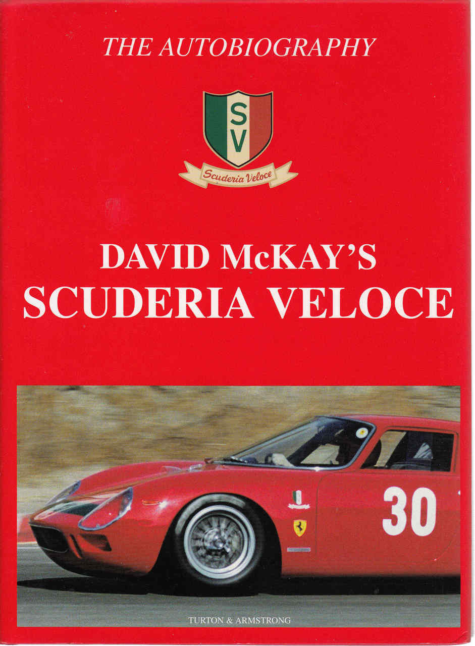 Autobiography book cover with red background, race car photo and green Scuderia Veloce logo