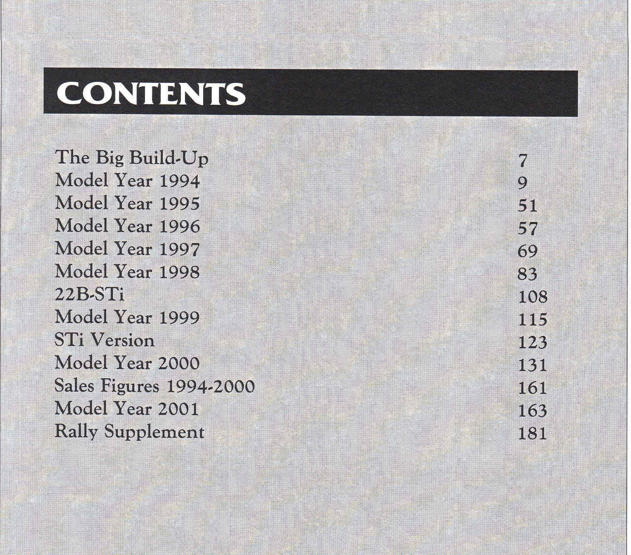 Classic series book contents page with model year listings and section numbers