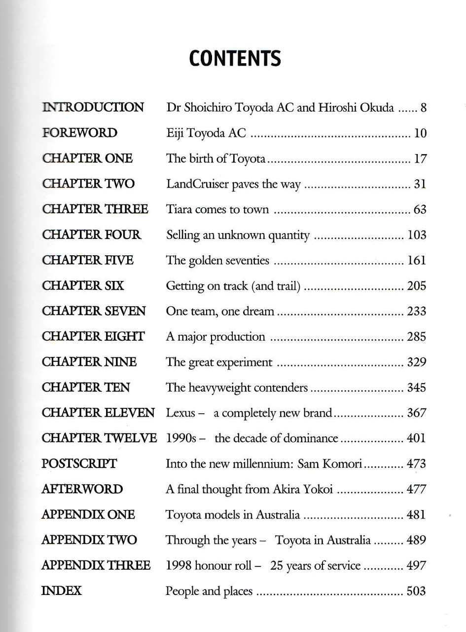 Automobile history book contents page with chapters and page numbers