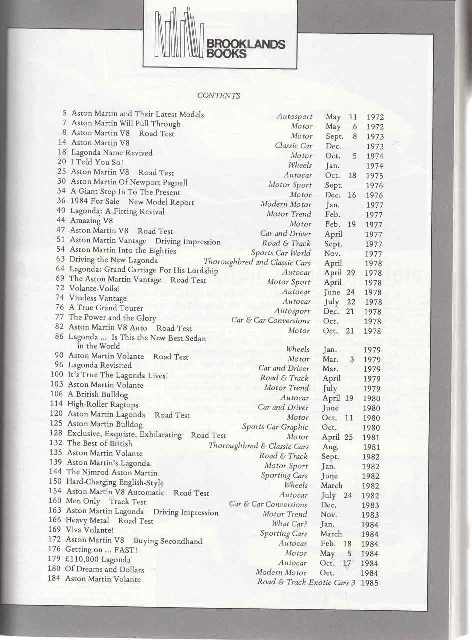 Aston Martin Gold Portfolio contents page with numbered sections and headings