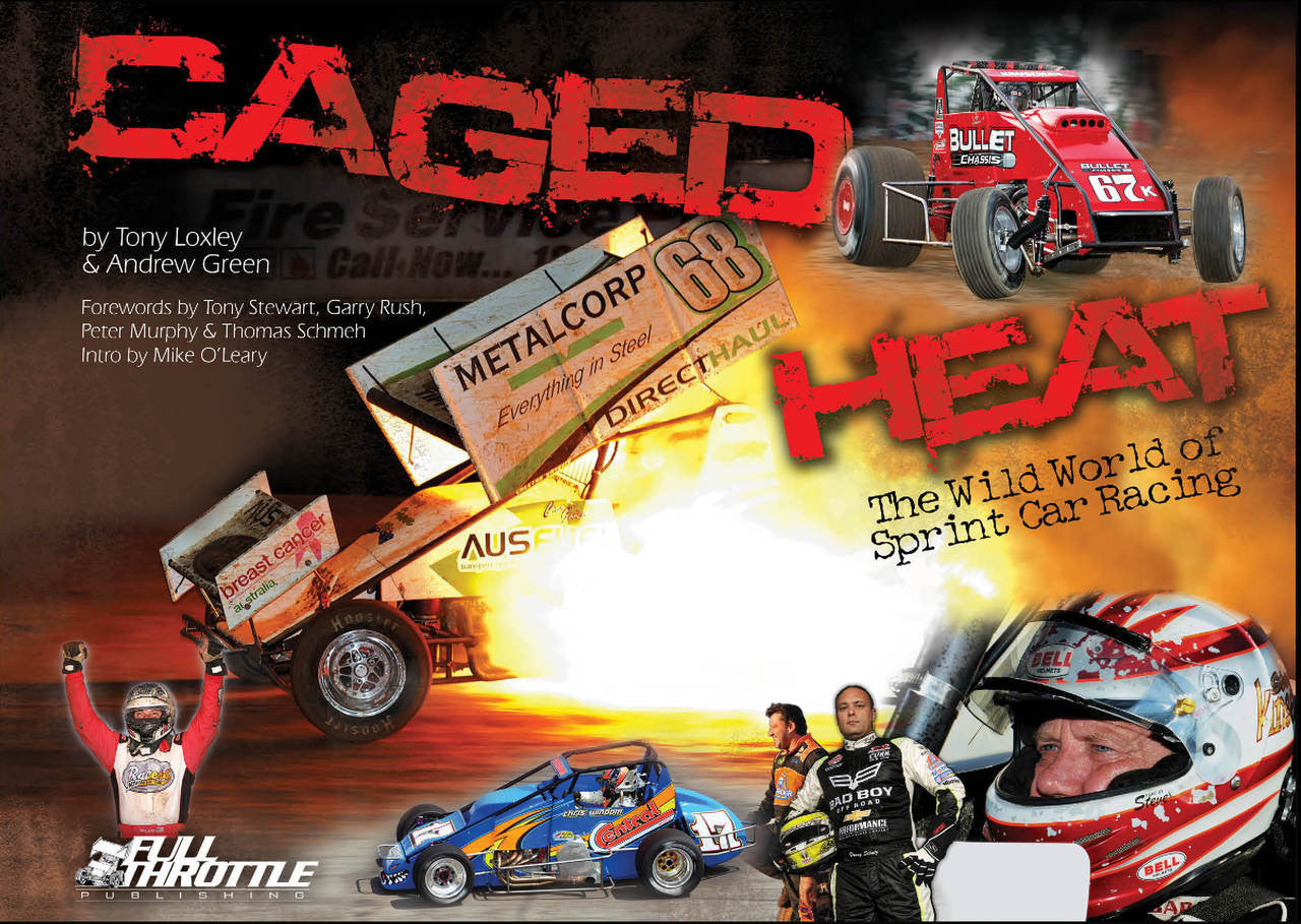 Sprint car racing book cover with red text, bright flames, and sprint cars