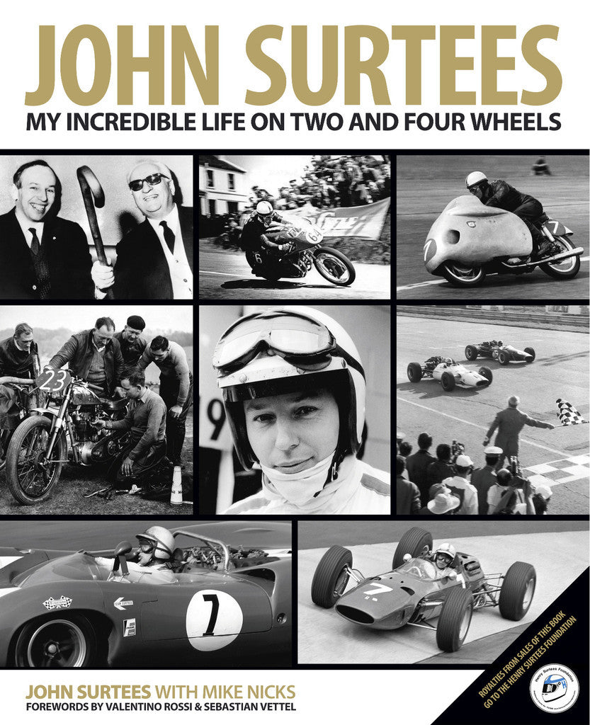 Motorsport biography book cover with large title text and black-and-white race photos