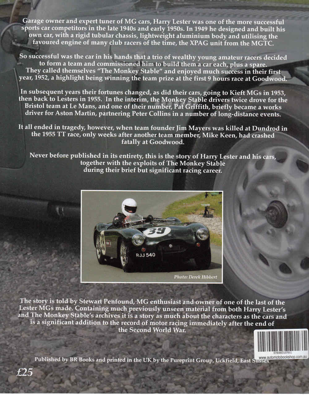 Paperback book back cover with race car photo and copyright text blocks.