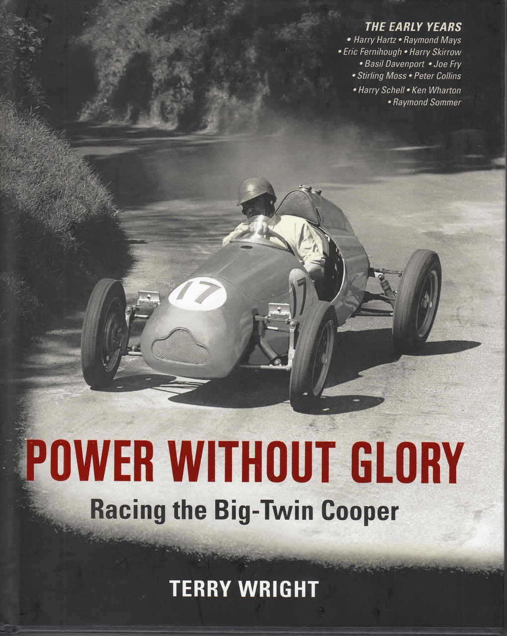 Motor racing book cover with classic race car and large red title text