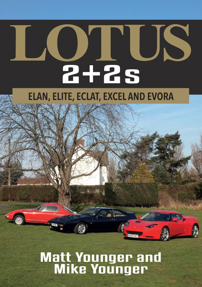 Lotus 2+2s automotive book cover, title and sports cars photo in red and black