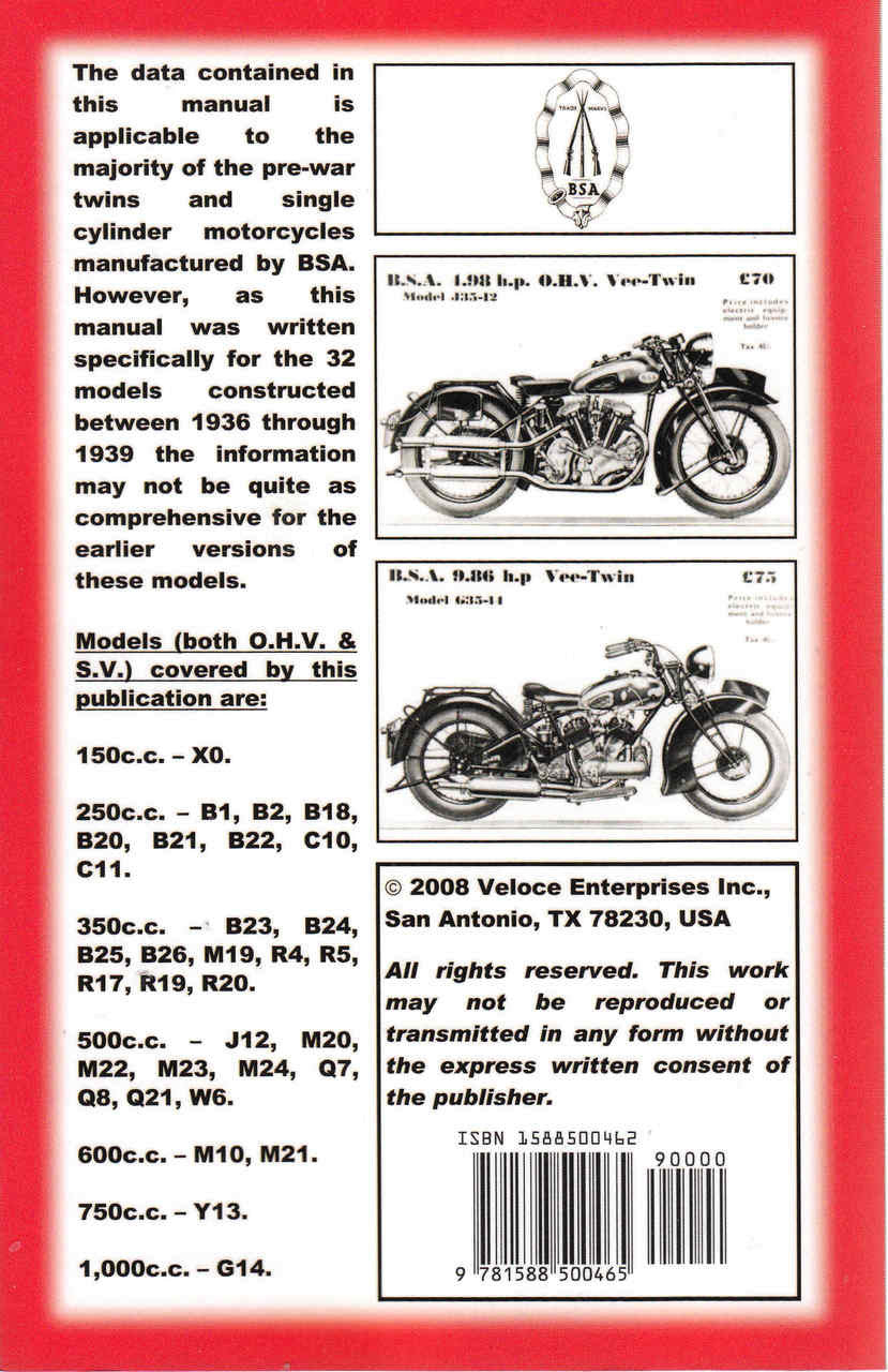 Book Of The BSA: All Models - SV & OHV Pre-war To 1939 ( Veloce Press 2008 Reprint) (9781588500465) -back