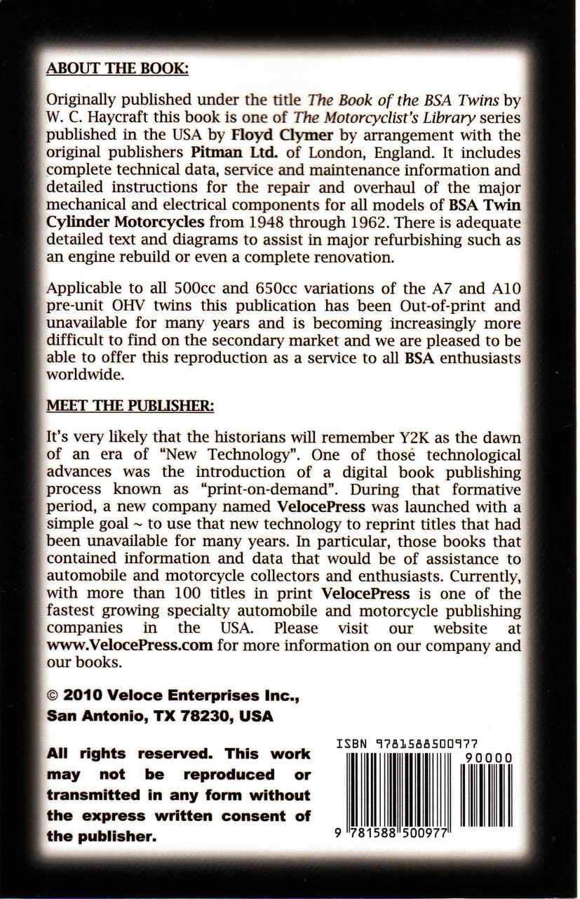 The Book Of The BSA Twins 650cc & 500cc - 1948 - 1962 (Veloce Press 2010 Reprint) (9781588500977)  - back