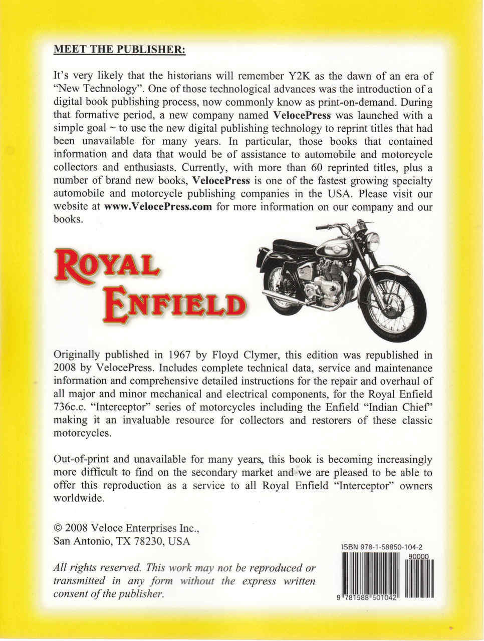 Royal Enfield "Interceptor: Workshop Manual ( Veloce Press 2008 Reprint) (9781588501042)