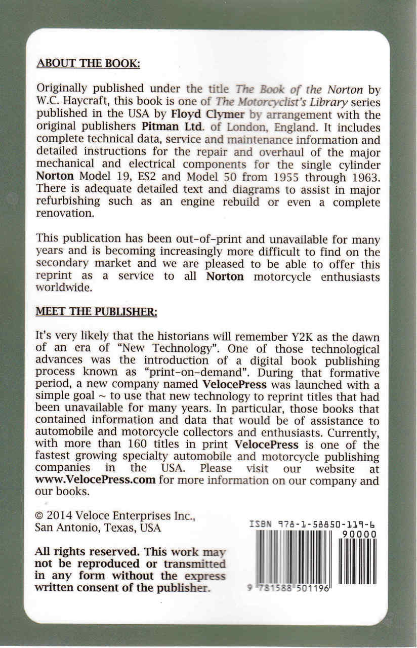 The Book Of The Norton 1955-1963 O.H.V. Singles Model 19, ES2 & Model 50 (Veloce Press 2012 Reprint) - back