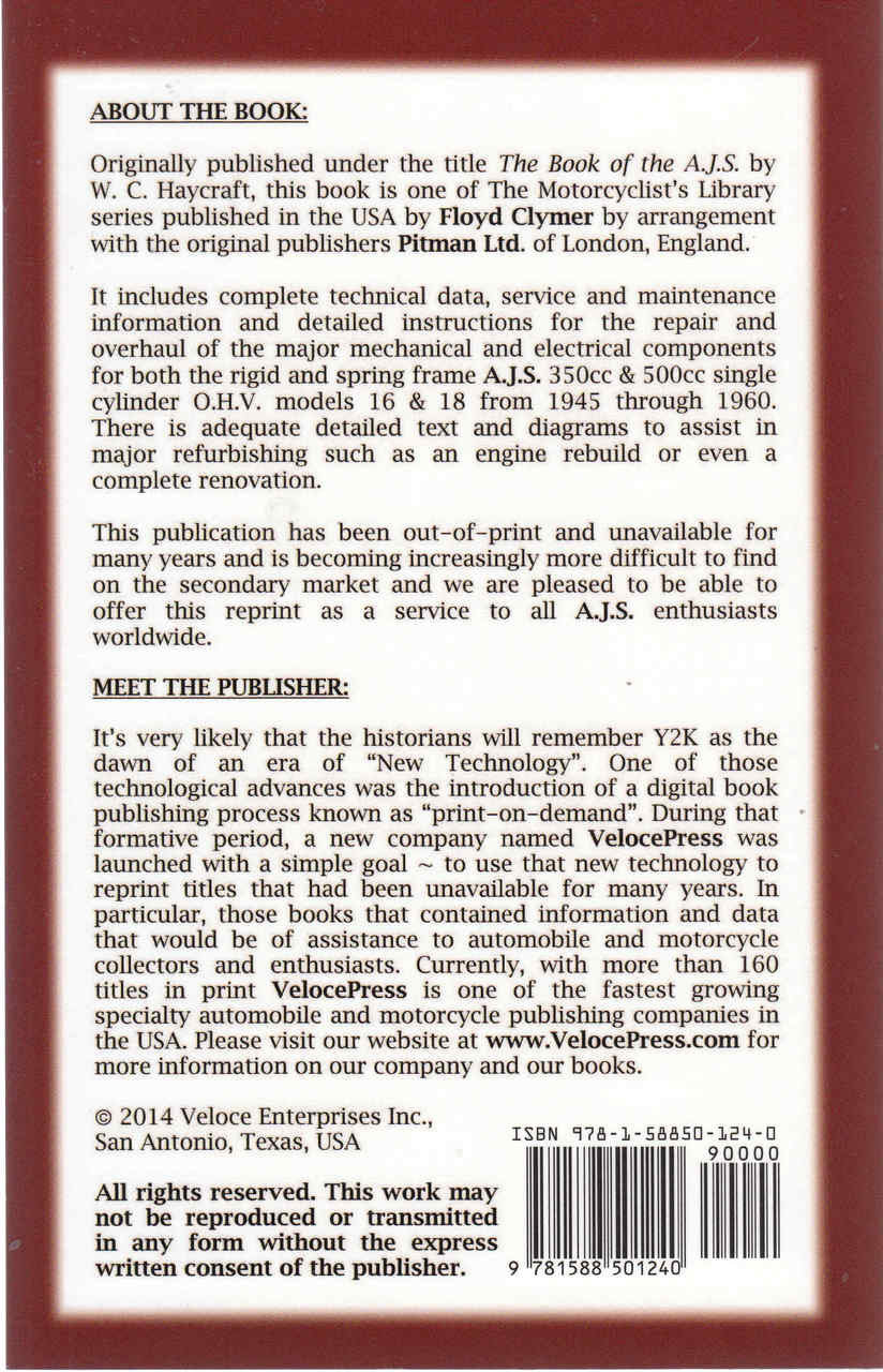 The Book Of AJS 350cc & 500cc OHV Singles 1945-1960 - Veloce Press 2014 Reprint) (9781588501240)  back