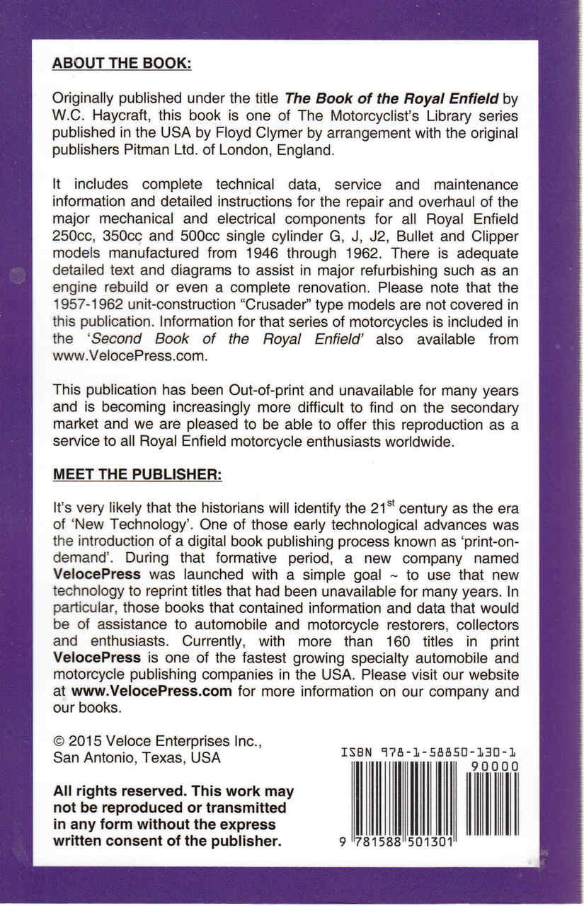 The Book Of The Royal Enfield 1946-1962 250cc, 350cc & 500cc (Veloce Press 2013 Reprint) (9781588501301)  - back